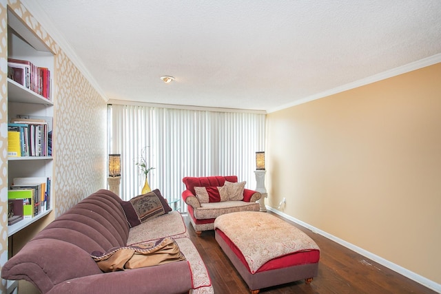 living room with crown molding, a textured ceiling, and dark hardwood / wood-style floors