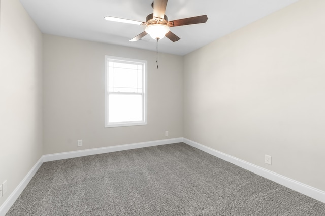 empty room featuring ceiling fan, carpet floors, and baseboards