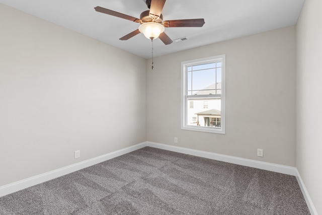 spare room featuring visible vents, carpet, a ceiling fan, and baseboards