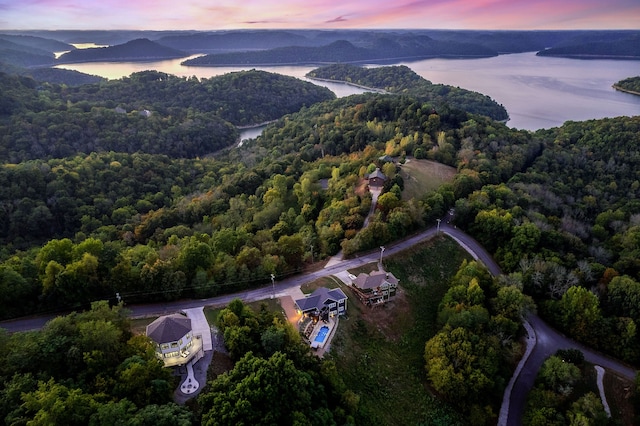 aerial view at dusk with a water view