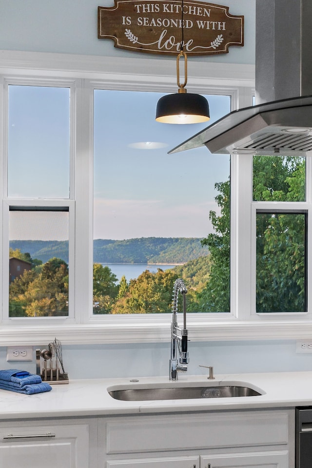 room details with white cabinetry, dishwasher, sink, and a water view