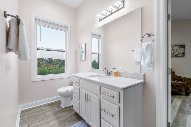 bathroom with wood-type flooring, vanity, and toilet