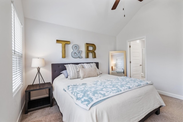 carpeted bedroom with high vaulted ceiling and ceiling fan