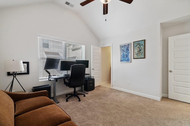 carpeted home office featuring ceiling fan and high vaulted ceiling