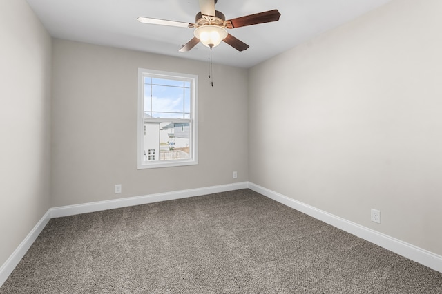 spare room featuring dark carpet, a ceiling fan, and baseboards