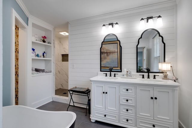 bathroom featuring tile patterned floors, independent shower and bath, double vanity, and ornamental molding