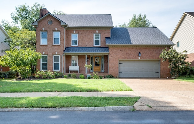 view of front facade with a front yard and a garage