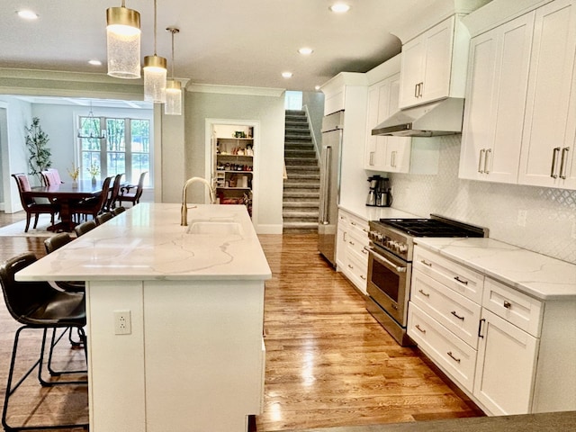 kitchen with light hardwood / wood-style flooring, light stone counters, an island with sink, crown molding, and premium appliances