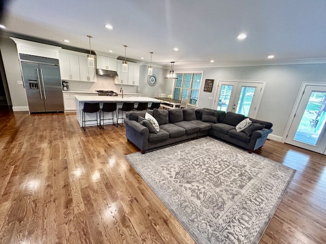 living room featuring light hardwood / wood-style flooring, a healthy amount of sunlight, ornamental molding, and french doors