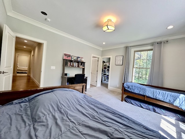 unfurnished bedroom featuring carpet flooring and crown molding