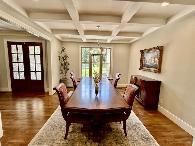 dining room featuring an inviting chandelier, beamed ceiling, dark wood-type flooring, french doors, and coffered ceiling