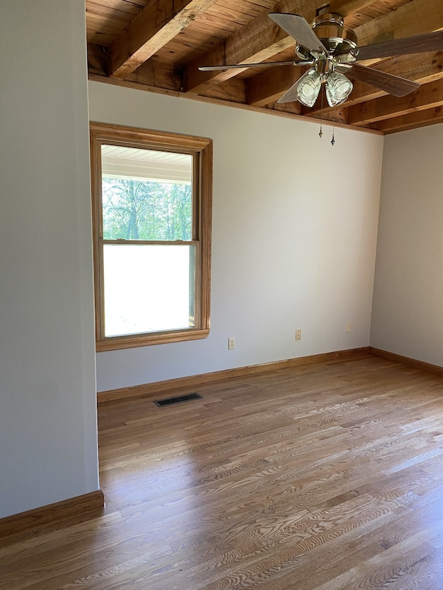 empty room featuring beam ceiling, ceiling fan, wooden ceiling, and hardwood / wood-style flooring