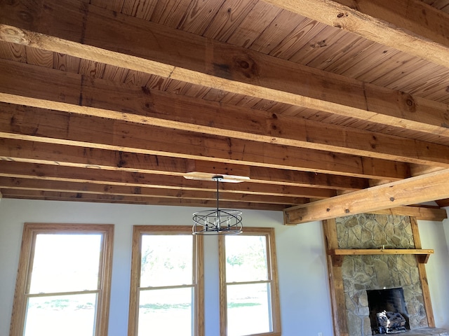 room details featuring beam ceiling, a stone fireplace, and wood ceiling