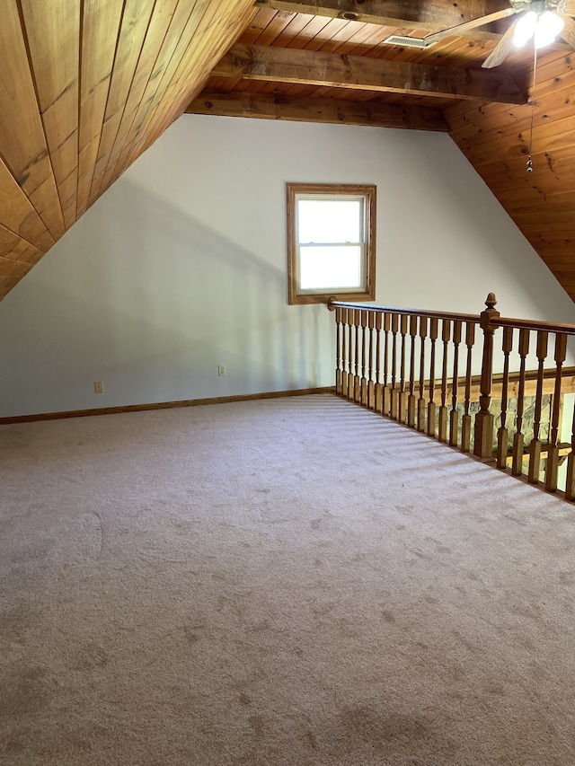 bonus room featuring wooden ceiling, lofted ceiling with beams, ceiling fan, and carpet flooring