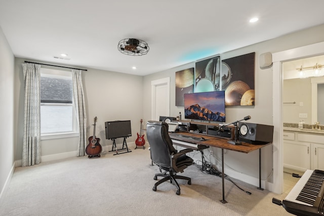 carpeted office with sink