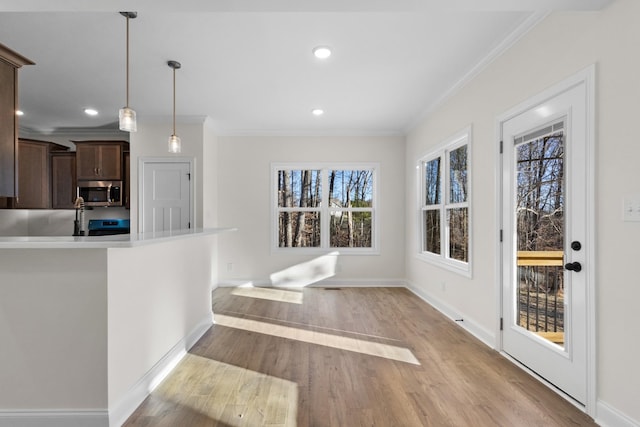 kitchen featuring ornamental molding, kitchen peninsula, decorative light fixtures, dark brown cabinets, and light wood-type flooring