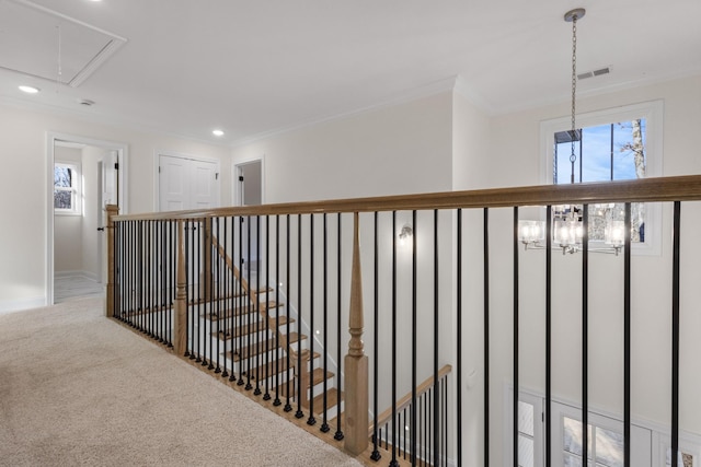 hallway featuring light colored carpet and ornamental molding