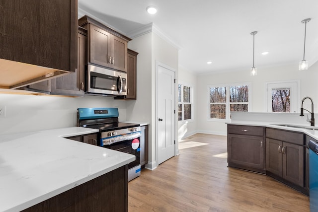 kitchen with pendant lighting, crown molding, sink, dark brown cabinetry, and stainless steel appliances