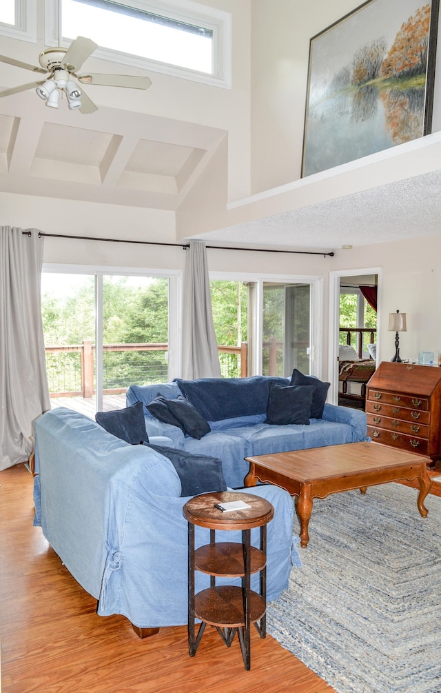 living room featuring light hardwood / wood-style floors, a towering ceiling, coffered ceiling, and ceiling fan