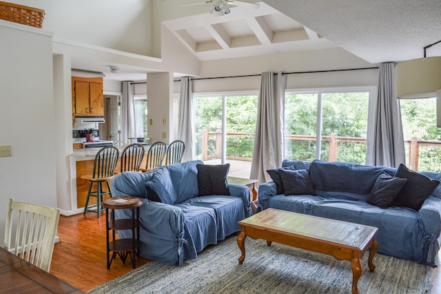 living room with ceiling fan, hardwood / wood-style flooring, a textured ceiling, and high vaulted ceiling