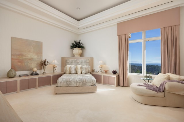 carpeted bedroom featuring a mountain view and ornamental molding