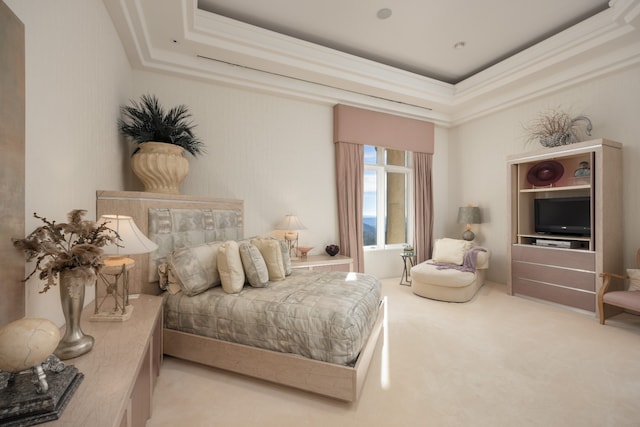 bedroom with a raised ceiling, ornamental molding, and light carpet