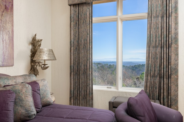 bedroom featuring a mountain view