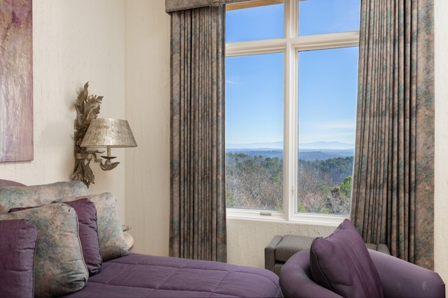 bedroom featuring a textured wall and a mountain view