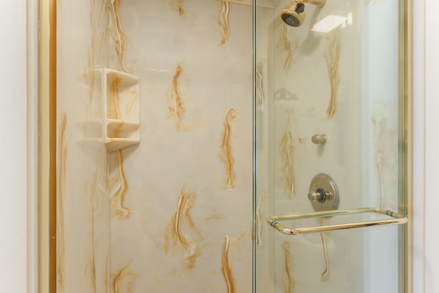 interior details featuring a shower with door