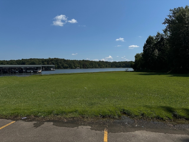 view of property's community with a water view and a lawn