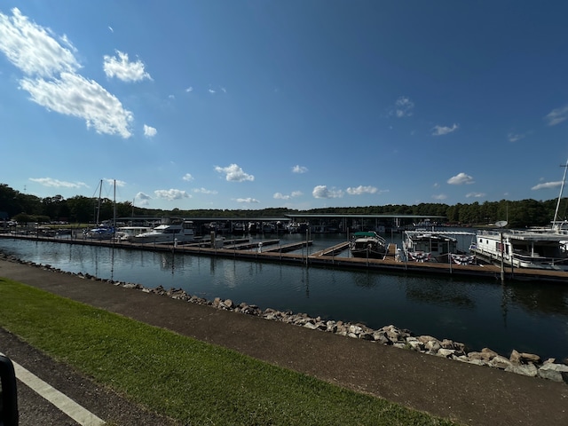 property view of water with a dock