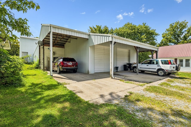 view of vehicle parking with a carport and a lawn