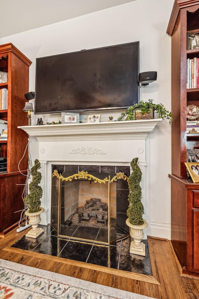 interior details featuring a fireplace and wood finished floors