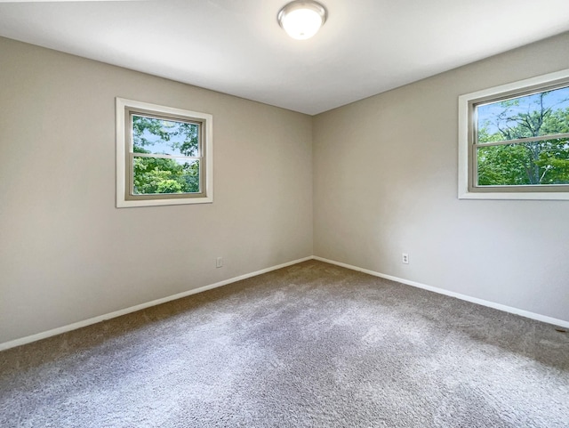 spare room featuring carpet, plenty of natural light, and baseboards