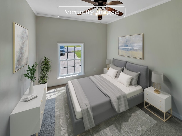 carpeted bedroom with ceiling fan and crown molding