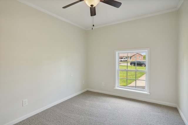 carpeted spare room with ceiling fan and crown molding