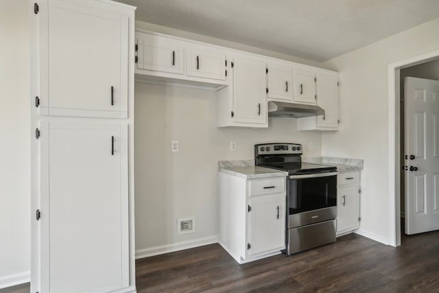 kitchen featuring dark hardwood / wood-style flooring, white cabinetry, and stainless steel range with electric cooktop