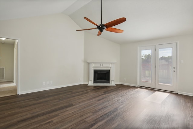 unfurnished living room featuring ceiling fan, high vaulted ceiling, and hardwood / wood-style flooring