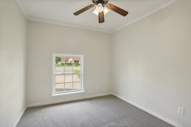 unfurnished room featuring carpet flooring, ceiling fan, and crown molding