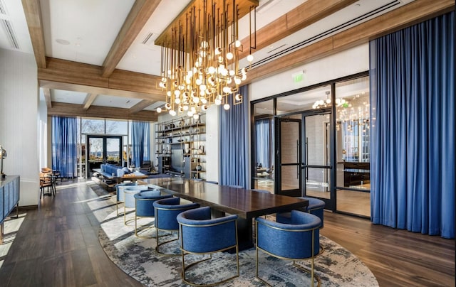 dining area featuring beamed ceiling, french doors, dark hardwood / wood-style flooring, and a chandelier