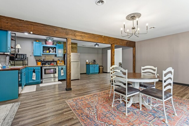 dining room with sink, beam ceiling, an inviting chandelier, and dark hardwood / wood-style floors