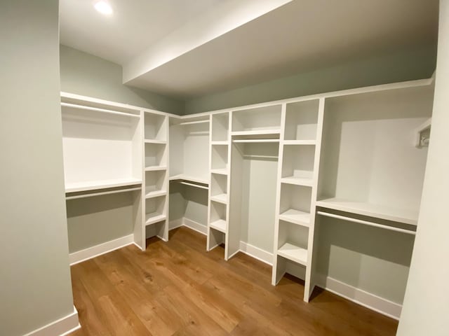 walk in closet with wood finished floors