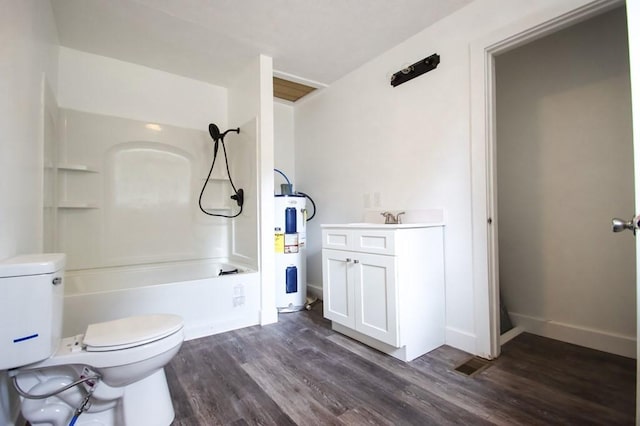 full bathroom featuring shower / bathtub combination, toilet, electric water heater, wood finished floors, and vanity