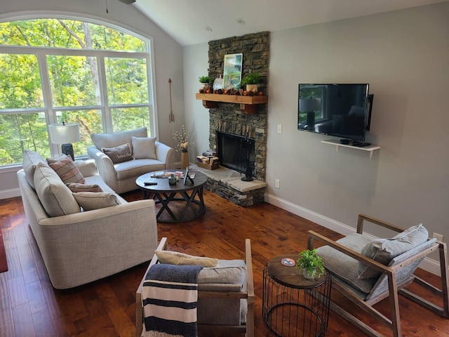 living room with a fireplace, dark wood-type flooring, and vaulted ceiling