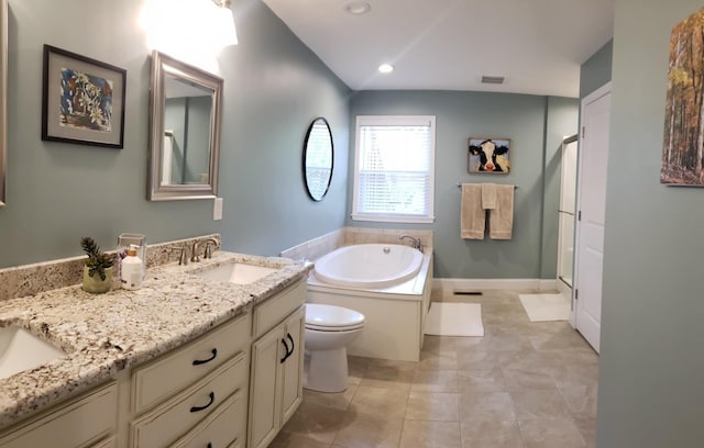 full bathroom with plus walk in shower, toilet, vanity, and tile patterned flooring