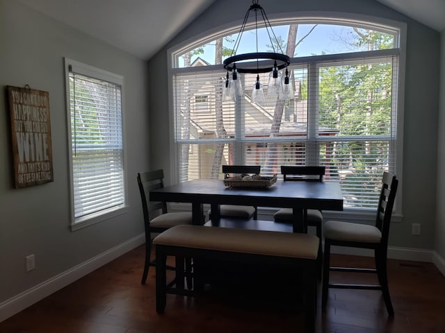 dining space with lofted ceiling, dark hardwood / wood-style flooring, and plenty of natural light