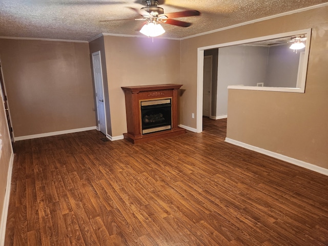 unfurnished living room featuring a textured ceiling, ceiling fan, crown molding, and hardwood / wood-style flooring