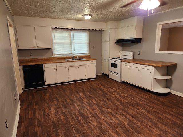 kitchen featuring dishwasher, white range with electric cooktop, a textured ceiling, dark wood-type flooring, and ceiling fan