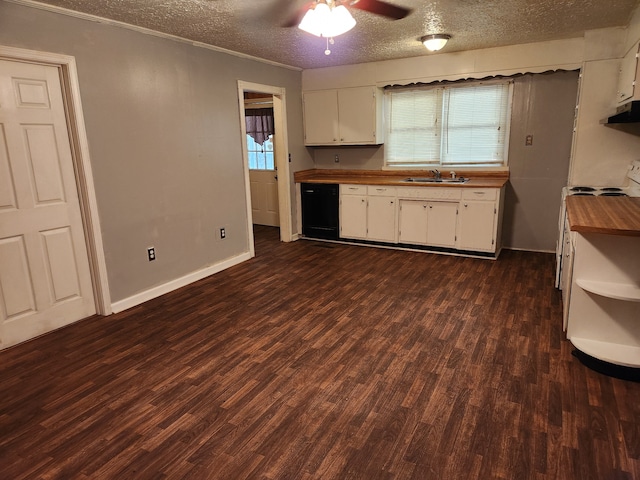 kitchen with a textured ceiling, ceiling fan, dark hardwood / wood-style flooring, and a wealth of natural light