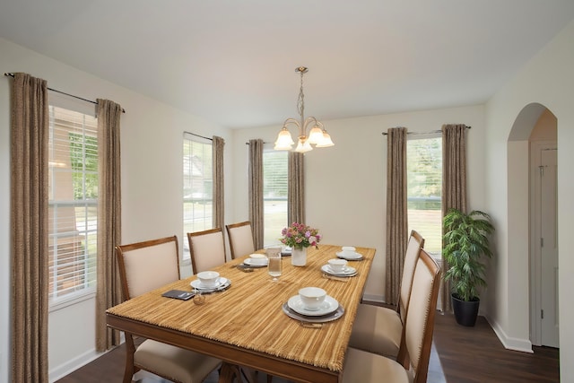 dining room featuring dark hardwood / wood-style floors, a notable chandelier, and a healthy amount of sunlight